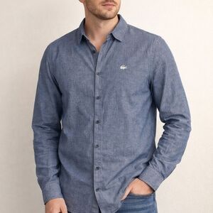 Lacoste Men’s Button-Down Chambray Shirt — Denim Blue Made In Paris France Sz 38